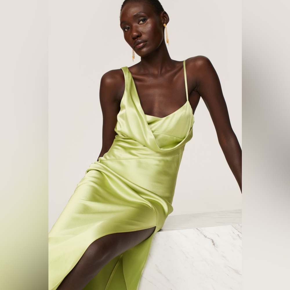 RTR Nicholas Duna one-shoulder satin maxi dress gown slit olive green size 2 - Picture 13 of 15